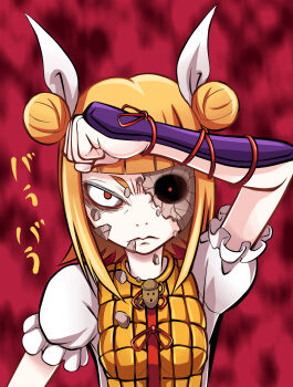 Rule 34 | 1girl, absurdres, arm up, ayana mizuki, bags under eyes, blonde hair, blunt bangs, bow, clenched hand, closed mouth, commentary request, cracked skin, damaged, double bun, dress, frilled sleeves, frills, frown, hair bow, hair bun, haniwa (statue), highres, hollow eyes, joutouguu mayumi, looking at viewer, red background, red eyes, shirt, short hair, short sleeves, sleeveless, sleeveless dress, solo, touhou, upper body, v-shaped eyes, vambraces, white bow, white shirt, yellow dress