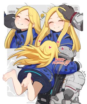 1boy 1girl ^^^ barefoot black_gloves blonde_hair blue_coat bodysuit border breath caress caressing_cheek carrying closed_eyes closed_mouth coat commentary cropped_torso crying_emoji diana_(pragmata) emoji english_text feet floating_hair from_behind gloves grin headpat heart helmet highres hugh_williams light_blush long_hair long_sleeves meme motion_lines multiple_views outside_border padded_coat parted_bangs patreon_username piggyback pragmata puffy_long_sleeves puffy_sleeves rezodwel small_sweatdrop smile soles space_helmet spacesuit split_mouth toes uohhhhhhhhh!_(meme) very_long_hair watermark web_address white_bodysuit white_border