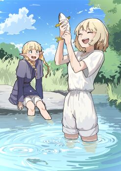 2girls :d ^_^ absurdres animal blonde_hair blue_capelet blue_robe blue_sky blunt_bangs braid bush capelet closed_eyes cloud commentary_request dungeon_meshi elf falin_touden fish grass green_eyes hands_up hanten_(hantennano) highres holding holding_animal holding_fish lake long_hair looking_at_another marcille_donato multiple_girls open_mouth outdoors pointy_ears robe shirt short_hair short_sleeves shorts sitting sky smile twin_braids wading white_shirt white_shorts