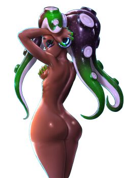 1girl arm_up armpits ass asymmetrical_hair back black_hair breasts cephalopod_eyes colored_skin covering_breasts covering_privates dark-skinned_female dark_skin from_behind green_eyes green_hair green_skin half-closed_eye hand_on_headphones headphones highres horizontal_pupils koharu2.5 long_hair looking_at_viewer marina_(splatoon) median_furrow medium_breasts multicolored_hair multicolored_skin nintendo nude octoling pink_pupils sideboob sideways_glance simple_background solo splatoon_(series) splatoon_2 standing suction_cups tentacle_hair very_dark_skin very_long_hair white_background