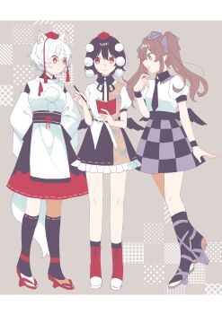 3girls absurdres animal_ears bird_wings black_hair black_necktie black_ribbon black_skirt black_socks black_wings breasts brown_hair checkered_clothes checkered_skirt closed_mouth collared_shirt commentary_request detached_sleeves feathered_wings full_body geta hat highres himekaidou_hatate holding holding_notebook holding_pen inubashiri_momiji japanese_clothes kariginu kneehighs leaf_print low_wings medium_breasts multiple_girls neck_ribbon necktie nib_pen_(object) notebook open_mouth pen pom_pom_(clothes) puffy_sleeves purple_eyes purple_hat purple_skirt red_eyes red_hat red_skirt red_socks ribbon shameimaru_aya shirt short_hair skirt small_breasts smile socks standing tengu-geta tokin_hat toraneko_2 touhou twintails white_hair white_shirt wings wolf_ears