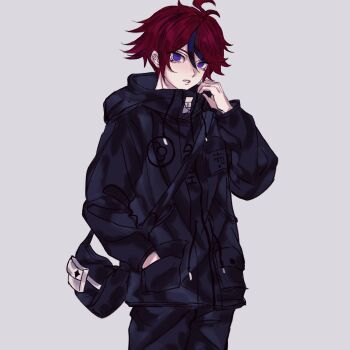 Rule 34 | 1boy, abashuxiadeabaguai, absurdres, alternate color, antenna hair, aotsuki eito, aotsuki eito (cosplay), bag, black bag, black hair, black jacket, black pants, blue eyes, chinese commentary, commentary request, cosplay, cowboy shot, drawstring, grey background, hair between eyes, hand in pocket, high collar, highres, jacket, long sleeves, male focus, multicolored hair, pants, pocket, red hair, short hair, simple background, solo, streaked hair, sumino takumi, the hundred line -last defense academy-, tsurime, two-tone hair