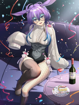 1girl alcohol animal_ears antenna_hair black_thighhighs blue_hair bottle breasts chiga_akira fishnet_pantyhose fishnets glasses grey_eyes grey_sweater highres jared_(michi_mochievee) large_breasts looking_at_viewer michi_mochievee michi_mochievee_(bunny) multicolored_hair open_mouth pantyhose patchwork_skin purple_hair rabbit_ears red_wine short_hair short_hair_with_long_locks sidelocks single_leg_pantyhose single_thighhigh sleeves_past_fingers sleeves_past_wrists smile solo streaked_hair sweater thighhighs virtual_youtuber vshojo wine wine_bottle
