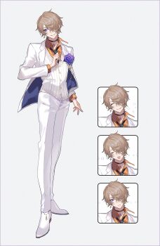 1boy :d :q ^_^ adjusting_clothes adjusting_necktie arm_at_side black_choker black_necktie blue_jacket boutonniere brown_hair choker closed_eyes closed_mouth collared_shirt commentary_request dress_pants dress_shoes expressionless flower formal_clothes full_body hair_over_one_eye highres jacket lapels looking_at_viewer male_focus necktie notched_lapels one_eye_covered open_clothes open_collar open_jacket open_mouth orange_shirt original pants pendant_choker purple_eyes purple_flower purple_rose rose shirt shoes short_hair sideways_glance simple_background smile solo sparkle_earrings standing suit suit_jacket teardrop tongue tongue_out totototoi two-sided_fabric two-sided_jacket vest white_background white_jacket white_pants white_shoes white_suit white_vest