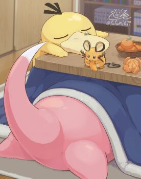 animal_focus blanket book bookshelf closed_mouth dedenne eating food fruit gen_1_pokemon gen_6_pokemon highres indoors kotatsu mandarin_orange nintendo no_humans pokemon pokemon_(creature) pokemon_focus psyduck sleeping slowpoke table tail tatsumi_(panneko) under_kotatsu under_table whiskers