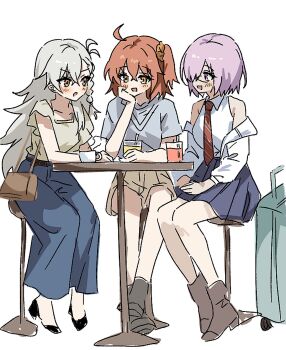 3girls ahoge bag blush braid cafe cup fate/grand_order fate_(series) fujimaru_ritsuka_(female) glasses highres jacket long_hair long_skirt mash_kyrielight multiple_girls necktie olga_marie_animusphere orange_hair pink_hair shirt short_hair shoulder_bag side_ponytail skirt sleeveless suitcase syst098 t-shirt table white_hair
