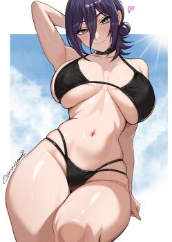 1girl alternate_breast_size_(larger) armpits bikini black_bikini black_choker blue_sky breasts breasts_apart chainsaw_man choker commentary_request curvy green_eyes harutoyumaarts heart highres large_breasts looking_at_viewer navel purple_hair reze_(chainsaw_man) sky solo stomach swimsuit thighs
