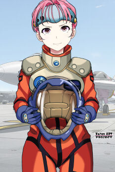 1girl aircraft canards cloud commentary_request english_text fire_bomber headgear helmet highres holding holding_unworn_helmet looking_at_viewer macross macross_7 mecha_pilot_suit mylene_jenius pink_hair red_eyes science_fiction sky spacesuit temisu_no_nageki unworn_headwear unworn_helmet variable_fighter vf-11_maxl