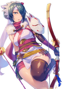 Rule 34 | 1girl, asymmetrical legwear, asymmetrical sleeves, blue eyes, blue hair, bow (weapon), commission, cosplay, fire emblem, fire emblem fates, fire emblem heroes, hair over one eye, hana (fire emblem), hana (fire emblem) (cosplay), hana (ninja) (fire emblem), highres, holding, holding bow (weapon), holding weapon, long bangs, mask on shoulder, ninja, nintendo, pixiv commission, sajittari, sandals, setsuna (fire emblem), shin guards, shuriken, uneven legwear, weapon