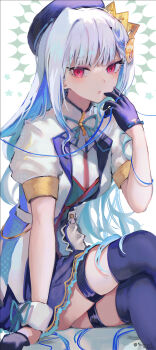 1girl :o arm_support beret blue_gloves blue_hair blue_hat blue_ribbon blue_skirt blue_thighhighs blush breasts colored_inner_hair colored_lapels crossed_legs crown_hat_ornament eyelashes feet_out_of_frame glove_ribbon gloves hair_ornament half_gloves halo halo_behind_head hand_to_own_mouth hand_up hat highres idol_clothes inaeda_kei jacket lapels lips lize_helesta long_hair long_sidelocks looking_at_viewer medium_breasts miniskirt multicolored_hair neck_ribbon nijisanji pink_eyes ribbon sanbaka_anniversary_outfit short_sleeves sidelocks single_wrist_cuff sitting skirt solo streaked_hair string_around_finger thigh_strap thighhighs twitter_username two-tone_hair very_long_hair virtual_youtuber white_background white_hair white_jacket white_wrist_cuffs wrist_cuffs wrist_ribbon zettai_ryouiki