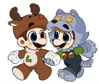 2boys animal_costume animal_ears animal_hands antlers blue_eyes blue_overalls brown_fur brown_hair christmas claws cosplay deer_antlers deer_ears eye_contact facial_hair full_body gloves green_shirt halloween highres holding_hands horns looking_at_another luigi luigi_(halloween) mario_(series) mimimi_(mimimim9999) multiple_boys mustache nintendo open_mouth overalls paw_gloves red_nose reindeer_antlers reindeer_costume rudolph_the_red_nosed_reindeer rudolph_the_red_nosed_reindeer_(cosplay) shirt short_hair simple_background tail werewolf_costume wolf_costume wolf_ears wolf_paws wolf_tail yellow_eyes