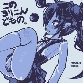 1girl backbeako_(torotei) backbeard blue_background blue_theme blush commentary constricted_pupils covering_crotch covering_privates dated dated_commentary feet_out_of_frame from_side gegege_no_kitarou hair_over_one_eye hair_ribbon kneehighs kono_lolicon_domome loli long_hair long_sleeves monochrome neck_ribbon one_eye_closed open_mouth original paid_reward_available panties pantyshot pointy_ears ribbon shirt simple_background skindentation skirt socks solo suspender_skirt suspenders sweat teeth torotei translated twintails underwear upper_teeth_only watermark web_address