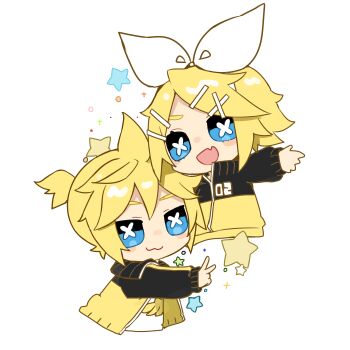 1boy 1girl :3 absurdres blonde_hair blue_eyes blush_stickers brother_and_sister commentary_request cropped_legs cross-shaped_pupils eyelashes fang hair_between_eyes hair_ornament hairclip highres jacket kagamine_len kagamine_rin looking_at_viewer no_nose open_mouth outstretched_arm ponytail reirou_(chokoonnpu) shirt short_hair short_ponytail siblings simple_background skin_fang stylish_energy_(module) symbol-shaped_pupils transparent_background v vocaloid white_shirt yellow_jacket