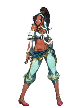 Rule 34 | 1girl, anklet, artist request, bare shoulders, breasts, capcom, dark-skinned female, dark skin, female focus, full body, groin, jewelry, legs apart, looking at viewer, medium breasts, navel, official art, pink shoes, ponytail, pullum purna, shoes, solo, standing, stomach, tagme, transparent background