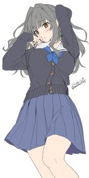1girl absurdres black_cardigan blue_bow blue_skirt blush bow breasts brown_eyes cardigan grey_hair highres long_hair long_sleeves looking_at_viewer medium_breasts original parted_lips pleated_skirt sailor_collar school_uniform simple_background skirt solo unasaka_ryou white_background white_sailor_collar