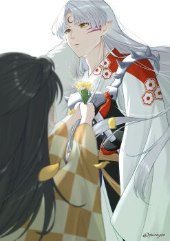 1boy 1girl absurdres artist_name black_hair blurry blurry_foreground checkered_clothes checkered_kimono child closed_mouth commentary_request crescent crescent_facial_mark curtained_hair expressionless facial_mark falling_petals flower forehead_mark from_below fur_shawl highres holding holding_flower inuyasha japanese_clothes kikkoumon kimono long_hair long_sleeves petals pointy_ears rin_(inuyasha) sesshoumaru shawl shoulder_spikes spikes sword tassel twitter_username very_long_hair weapon whisker_markings white_background white_hair white_shawl wide_sleeves yellow_eyes yellow_flower yu_nagio