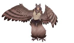 Rule 34 | 1girl, bespectacled, bird legs, breasts, brown feathers, brown hair, commentary, english commentary, feather hair, feathered wings, feathers, fluffy, glasses, hair between eyes, harpy, highres, large breasts, looking at viewer, monster girl, monster girl encyclopedia, neck fur, okasbasement, outstretched arms, owl girl, owl mage (monster girl encyclopedia), round eyewear, shirt, short hair, simple background, sleeveless, sleeveless shirt, solo, standing, talons, white background, winged arms, wings, yellow eyes