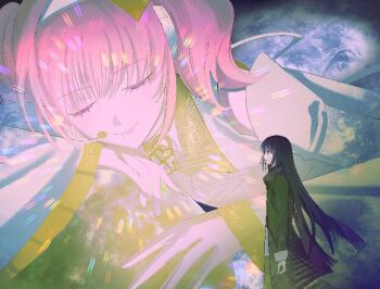 Rule 34 | 1boy, 1girl, amulet dia, black hair, closed eyes, closed mouth, coat, detached sleeves, diamond hair ornament, facing to the side, facing viewer, fujisaki nagihiko, full moon, garlictang, green coat, green pants, headband, headset, hinamori amu, humpty lock (shugo chara!), long hair, long sleeves, looking ahead, moon, pants, pink hair, shugo chara!, smile, twintails, white headband