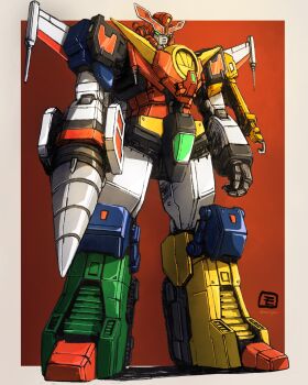 absurdres border commentary_request drill_hand green_eyes highres mecha might_kaiser moyan no_humans procreate_(medium) red_background robot science_fiction solo standing super_robot v-fin white_border yuusha_series yuusha_tokkyuu_might_gaine