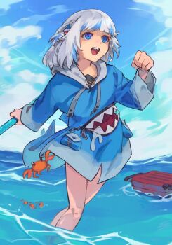 1girl blue_eyes fins fish_tail gawr_gura gawr_gura_(1st_costume) hair_ornament highres holding hololive hololive_english hood nesian. no_pants ocean open_mouth shark_girl shark_tail sky smile solo suitcase tail virtual_youtuber white_hair wide_sleeves