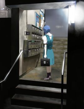 Rule 34 | 1girl, ayanami rei, bad id, bad pixiv id, bag, blue hair, female focus, indoors, lights, locker, neon genesis evangelion, night, railing, satchel, school uniform, shiira, skirt, slice of life, solo, stairs