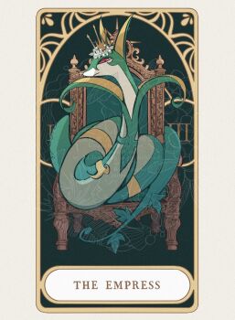 animal_focus card crown flower full_body gen_5_pokemon highres nintendo no_humans pokemon pokemon_(creature) pokemon_focus red_eyes rendoll serperior sitting_on_throne snake solo tarot tarot_card the_empress_(tarot) throne