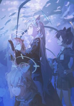 6+girls absurdres against_glass ahoge animal_ear_fluff animal_ears aquarium aquarium_tunnel ayane_(blue_archive) black_dress black_gloves blazer blue_archive blue_eyes blue_halo blue_necktie blue_scarf brown_hair cat_ears chinese_commentary closed_mouth commentary_request cross_hair_ornament dress extra_ears fingerless_gloves fish fish_tank foreclosure_task_force_(blue_archive) from_behind glasses gloves green_halo grey_hair hair_ornament halo hand_on_glass hand_on_own_hip heterochromia highres hoshino_(blue_archive) huge_ahoge id_card jacket long_hair looking_at_another looking_up miniskirt multiple_girls necktie nonomi_(blue_archive) open_mouth orange_halo pink_hair pink_halo plaid_clothes plaid_skirt scarf school_uniform serika_(blue_archive) shiroko_(blue_archive) shiroko_terror_(blue_archive) skirt smile standing twintails very_long_hair wide_sleeves wolf_ears wolf_girl x_hair_ornament yu-y_(824412)