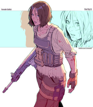 1girl battle_rifle blood blood_on_clothes blue_eyes brown_hair commentary commission english_commentary facial_scar far_cry far_cry_5 female_focus fingerless_gloves flat_chest gloves gun lips load_bearing_vest messy_hair military_operator parted_bangs parted_lips rejean_dubois rifle scar scar_on_cheek scar_on_face short_hair solo torn_clothes walking weapon weapon_request zoom_layer