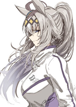 1girl absurdres amaxa animal_ears blue_eyes closed_mouth commentary_request grey_hair hairband highres horse_ears horse_girl jacket long_hair looking_at_viewer oguri_cap_(umamusume) ponytail signature simple_background solo track_jacket umamusume umamusume:_cinderella_gray white_background