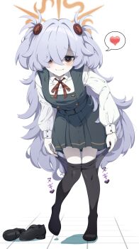 1girl absurdly_long_hair absurdres black_eyes black_pantyhose black_shoes blue_archive blush bow brown_eyes brown_halo buttons closed_mouth clothes_pull collared_shirt diagonal-striped_bow diagonal-striped_ribbon dot_nose dress floor full_body hair_between_eyes hair_bobbles hair_ornament halo heart highres kanoe_(blue_archive) leaning_forward leg_up loafers loli long_hair long_sleeves looking_at_viewer messy_hair mojyo multicolored_eyes neck_ribbon pale_skin pantyhose pantyhose_pull pinafore_dress pleated_skirt puffy_sleeves rei_hinasuki removing_pantyhose ribbon shaded_face shirt shoes short_twintails simple_background skirt sleeve_cuffs sleeveless sleeveless_dress smile smug solo spoken_heart standing striped_bow thighs twintails two-tone_eyes two_side_up undressing unworn_shoes very_long_hair white_background white_shirt