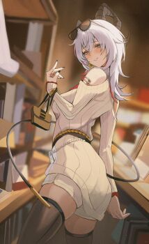 1girl absurdres black_nails black_tail black_thighhighs clothing_cutout commentary demon_tail dress earrings fingernails grey_dress grey_hair hand_up highres jewelry light_blush long_hair looking_at_viewer looking_back mole mole_under_eye multicolored_hair nail_polish official_alternate_costume parted_lips red_eyes shoulder_cutout smile solo streaked_hair sweater sweater_dress tail thighhighs thighs turtleneck turtleneck_dress wuthering_waves yato_(yama0x1) zani_(downtown_repose)_(wuthering_waves) zani_(wuthering_waves)