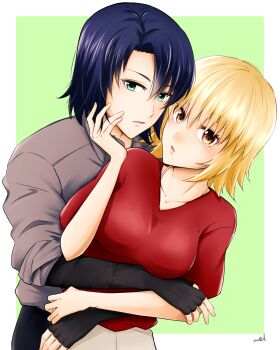 1boy 1girl athrun_zala black_gloves blonde_hair blue_hair border brown_eyes cagalli_yula_athha cara0w0mel collarbone commentary_request couple fingerless_gloves gloves green_background green_eyes grey_shirt gundam gundam_seed hetero highres hug hug_from_behind medium_hair open_mouth red_shirt shirt short_hair short_sleeves signature upper_body white_border