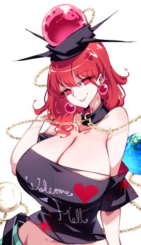 Rule 34 | 1girl, bare shoulders, breasts, chain, choker, cleavage, closed mouth, collarbone, commentary request, earth (ornament), hand in own hair, hecatia lapislazuli, highres, large breasts, long hair, looking at viewer, midriff, moon (ornament), off-shoulder shirt, off shoulder, plaid clothes, plaid skirt, raptor7, red eyes, red hair, shirt, skirt, smile, solo, t-shirt, touhou, underworld (ornament), upper body