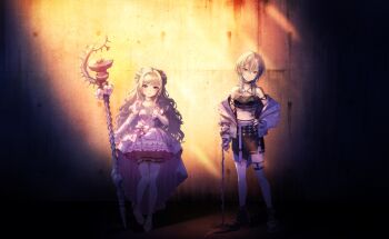 2girls against_wall ankle_bow ankle_ribbon arm_belt artist_request asymmetrical_skirt bare_shoulders belt black_belt black_boots black_choker black_skirt black_tube_top boots bow breasts bullet_hole chest_belt choker cleavage closed_mouth collarbone detached_sleeves dot_nose double_bun dress expressionless flats flower frilled_choker frilled_dress frilled_sleeves frills full_body game_cg grey_eyes grey_hair hair_between_eyes hair_bun hair_intakes hand_on_own_chest hand_on_own_hip happy high_heel_boots high_heels highres higure_fuka holding holding_staff jacket jacket_partially_removed knees leg_belt light_blush light_frown light_rays long_hair long_sleeves magical_girl mahou_shoujo_madoka_magica mahou_shoujo_madoka_magica_magia_exedra midriff miniskirt multiple_girls navel o-ring o-ring_belt official_art outdoors pencil_skirt pink_flower pink_rose pink_sleeves plant puffy_long_sleeves puffy_short_sleeves puffy_sleeves purple_belt purple_dress purple_eyes purple_jacket ribbon rose shoes short_dress short_hair_with_long_locks short_sleeves side_slit sidelocks skirt sleeves_past_wrists smile staff standing strapless studded_choker studded_footwear sunlight sunset tailcoat thigh_belt thigh_strap thighhighs too_many too_many_belts tube_top very_long_hair vignetting vines wavy_hair white_bow white_choker white_hair white_shoes white_thighhighs yoake_sumire