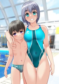1boy 1girl absurdres age_difference aqua_eyes aqua_male_swimwear aqua_one-piece_swimsuit black_hair commentary_request competition_swimsuit covered_navel cowboy_shot grey_hair grin highleg highleg_one-piece_swimsuit highres indoors male_swimwear multicolored_swimsuit navel one-piece_swimsuit onee-shota original pool poolside purple_eyes short_hair smile striped_male_swimwear swim_briefs swimsuit takafumi thigh_gap topless_male variant_set