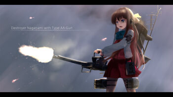 10s 1girl anti-aircraft anti-aircraft_gun blue_bow bow cannon caption cloud cloudy_sky coiled_cord english_text female_focus firing gun hair_bow headphones highres kantai_collection letterboxed long_hair looking_ahead mecha_musume multicolored_hair muzzle_flash naganami_(kancolle) radio sidelocks sky solo tsubasa_(abchipika) two-tone_hair weapon yellow_bow yellow_eyes
