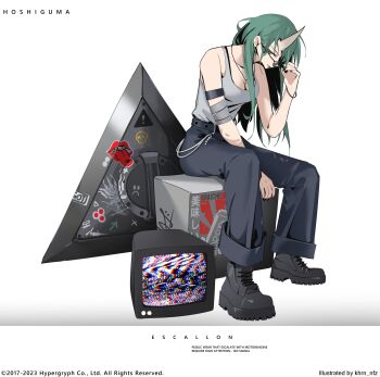 1girl absurdres adjusting_eyewear arknights armband artist_name bandaged_arm bandages bare_shoulders black_boots black_pants boots bracelet breasts character_name cleavage commentary english_commentary english_text green_eyes green_hair grey_shirt highres horns hoshiguma_(arknights) jewelry khrnnfz lace-up_boots long_hair pants parted_lips shield shirt shirt_tucked_in sitting small_breasts solo static sunglasses tank_top television