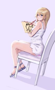 1girl absurdres awesomeerix blonde_hair chair dickbutt dildo dildo_reveal drawing_(object) dress highres holding holding_notepad kingdom_hearts kingdom_hearts:_chain_of_memories namine no_panties notepad object_insertion on_chair pencil sandals sex_toy short_dress simple_background sitting sitting_on_dildo solo
