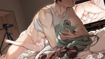 1boy 1girl absurdres age_difference ahoge akashi_(azur_lane) anal animal_ears ass azur_lane barefoot black_bow blvefo9 bottomless bow boy_on_top braid camera cat_ears cat_girl clothed_sex commentary cum cum_in_ass cum_on_body d dress dutch_angle english_commentary green_hair hair_bow hand_on_another's_head head_hug head_out_of_frame hetero highres large_insertion loli long_hair long_sleeves lying mating_press missionary mixed-language_commentary multiple_views on_back penis pillow recording screen sex size_difference sleeves_past_fingers sleeves_past_wrists tank_top testicles toes uncensored used_tissue video_camera white_dress white_tank_top