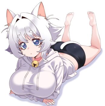 1girl absurdres animal_ear_fluff animal_ears arms_under_breasts ass bare_legs barefoot bell bike_shorts blue_eyes breasts cat_ears cat_girl cat_tail clothing_cutout collar commentary drawstring english_commentary erigo feet feet_up frown full_body hair_intakes heart heart_in_eye highres hood hood_down hoodie huge_breasts jingle_bell kimi_no_koto_ga_dai_dai_dai_dai_daisuki_na_100-nin_no_kanojo long_sleeves looking_at_viewer lying neck_bell nekonari_tama no_pants on_stomach pink_collar short_hair simple_background soles solo symbol_in_eye tail tail_through_clothes taut_clothes the_pose toes white_background white_hair white_hoodie