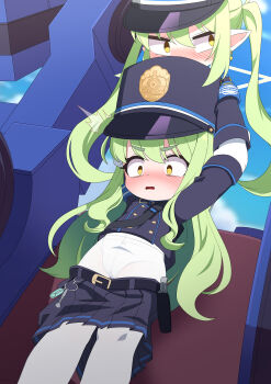 2girls absurdres arm_grab arms_up blue_archive blue_hat blue_jacket blue_skirt blue_sky blush carrying clothes_pull cloud constricted_pupils day dot_nose earrings embarrassed eyebrows eyelashes feet_out_of_frame female_focus flat_chest from_below gloves green_hair hanging hat highres hikari_(blue_archive) jacket jewelry k_hyeonee leaning_forward loli long_hair long_sleeves looking_afar looking_down looking_to_the_side multiple_girls nose_blush nozomi_(blue_archive) open_mouth panties panties_under_pantyhose pantyhose pointy_ears scared siblings sisters skirt skirt_pull sky standing surprised twins twintails underwear upper_body variant_set white_gloves white_panties white_pantyhose yellow_eyes