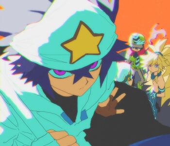 Rule 34 | 4boys, aotu world, asymmetrical gloves, bandana, bead necklace, beads, black hair, black shirt, blonde hair, blue eyes, blue pants, brown gloves, camil (aotu world), closed mouth, fingerless gloves, gloves, green hat, green pants, green vest, grey pants, grey shirt, hair between eyes, hair tubes, hand on own hip, hat, hat feather, headband, highres, holding, holding weapon, hood, hood down, hooded jacket, jacket, jewelry, long hair, looking at viewer, multiple boys, necklace, orange background, palos (aotu world), pants, pelley (aotu world), pink eyes, ponytail, print headband, purple eyes, ray's pirate crew, ray (aotu world), red scarf, rnlcksmaalcls, scarf, shirt, simple background, sitting, solo focus, spiked hair, star (symbol), star print, topless male, vest, weapon, white gloves, white hair, white headband, white jacket, yellow eyes