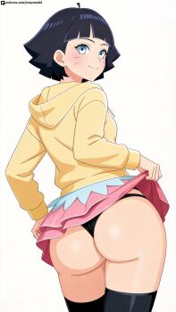 1girl absurdres artist_name ass ass_focus bad_source black_hair black_panties blue_eyes boruto:_naruto_next_generations boruto_(series) highres miniskirt naruto_(series) panties pink_skirt sexyexxchi short_hair skirt smile solo underwear uzumaki_himawari