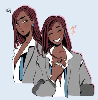 1girl adelaide_han brass_knuckles breasts brown_hair cleavage commentary dark-skinned_female dark_skin doubledeluxxe earrings english_commentary face_piercing formal_clothes grey_suit grin hand_up highres jewelry lip_piercing long_hair looking_at_viewer multiple_views necktie of_the_devil piercing red_eyes shirt smile solo suit torn_suit undone_necktie upper_body weapon white_background white_shirt