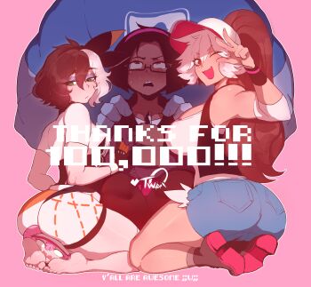 1boy 1other 3girls almonde_jagger_(nyantcha) artist_self-insert ass bags_under_eyes barefoot baseball_cap bea_(pokemon) bea_(pokemon)_(cosplay) black_bodysuit black_hair bodysuit bodysuit_under_clothes breasts brown_hair cherry_(nyantcha) chibi colored_bangs cosplay dark-skinned_female dark_skin denim denim_shorts english_text eyeshadow fang forehead gloves green_eyes hat height_difference highres hilda_(pokemon) hilda_(pokemon)_(cosplay) implied_sex kneeling large_breasts long_hair makeup medium_breasts milestone_celebration multicolored_hair multiple_girls nintendo nyantcha orange_gloves original pink_hair pokemon pokemon_bw pokemon_bw2 pokemon_swsh ponytail print_shorts red_eyes rolling_eyes rosa_(pokemon) rosa_(pokemon)_(cosplay) semi-rimless_eyewear shorts single_glove sleeveless soles split-color_hair stylus tan tears thank_you thick_thighs thighs tsona_(nyantcha) twitter_(personification) two-tone_gloves two-tone_hair under-rim_eyewear v v_over_eye vest white_hair yorra_villeneuve_(nyantcha)