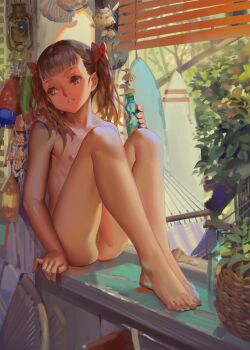 1girl absurdres alphonse_(white_datura) ass barefoot bottle brown_eyes brown_hair casual_nudity censored cleft_of_venus feet female_focus flat_chest heart heart_censor highres holding holding_bottle legs loli long_hair matching_hair/eyes nude original pussy ramune realistic sitting solo surfboard third-party_edit toes twintails uncensored