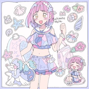 1girl :d alternate_costume arched_bangs bad_tag blue_hair blush_stickers border chibi chibi_inset closed_eyes closed_mouth crop_top gem gen_7_pokemon hair_ornament hairclip helmet highres lacey_(pokemon) long_hair looking_at_viewer navel neckerchief nintendo open_mouth pearl_(gemstone) pearl_hair_ornament pink_bag pink_hair pokemon pokemon_(creature) pokemon_sv pool_float primarina purple_border purple_neckerchief purple_shirt purple_skirt remoooon sailor_collar sea_lion seashell shell shirt simple_background skirt smile snout solo_focus standing starfish_hair_ornament swimsuit upper_body white_background white_sailor_collar yellow_eyes