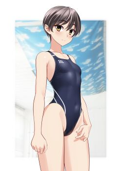 1girl absurdres black_one-piece_swimsuit breasts brown_eyes brown_hair commentary_request competition_swimsuit covered_navel cowboy_shot highleg highleg_one-piece_swimsuit highres looking_at_viewer one-piece_swimsuit original short_hair small_breasts solo swimsuit takafumi variant_set