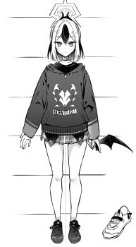 1girl blackheart blue_archive choker commentary_request demon_horns full_body greyscale hair_between_eyes halo highres hood hood_down hoodie horns kayoko_(blue_archive) long_sleeves looking_at_viewer miniskirt monochrome multicolored_hair ponytail shoes single_wing skirt solo standing two-tone_hair wings