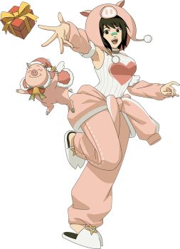 Rule 34 | 1girl, :d, animal ears, animal hood, artist request, bandaid, bandaid on face, bandaid on nose, bell, black eyes, black hair, box, breasts, capelet, choker, christmas, clothes around waist, collar, detached sleeves, full body, fur trim, gift, gift box, hat, heart, hood, hood up, hoodie, jacket, jacket around waist, leg up, looking at viewer, medium breasts, naruto (series), neck bell, official art, open mouth, pants, pig, pink pants, ribbon, santa hat, shirt, shizune (naruto), short hair, sleeveless, slippers, smile, solo, standing, standing on one leg, sweater, teeth, tonton (naruto), transparent background, yellow ribbon